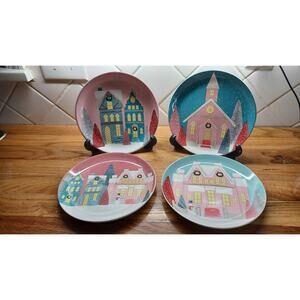4 Pier 1 Salad Plates 8” Winter Christmas House Church Scenes‎ Snowy Trees